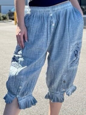 Light Blue Ruffled Hem Crop Pants